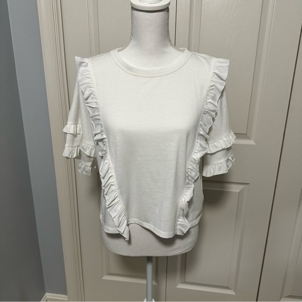 Storia Ruffle Cropped Short Sleeve Shirt Top in‎ Off White Size Small VGUC